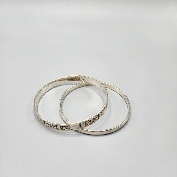 Sterling Silver Bangle Bracelets 925 Taxco Mexico Pair Panel Plain Handmade - Picture 3 of 15
